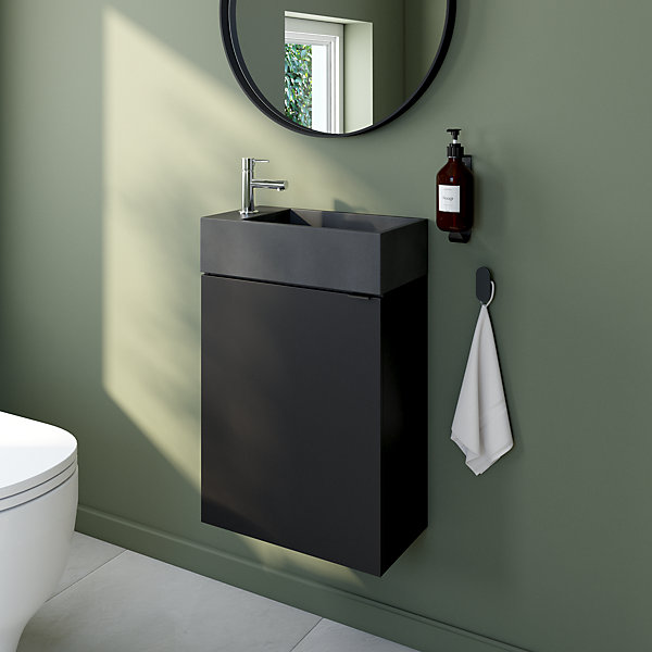 Meuble lave-mains suspendu noir mat l.44 cm Imandra   plan vasque béton gris, GoodHome