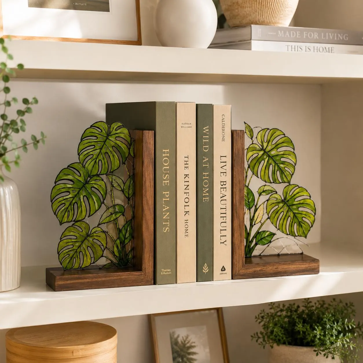 Monstera Stained Glass Bookends, Walnut Wood Botanical Book Decor, Tropical Plant Bookshelf Accent, Book Lover Gift, Housewarming Gift
