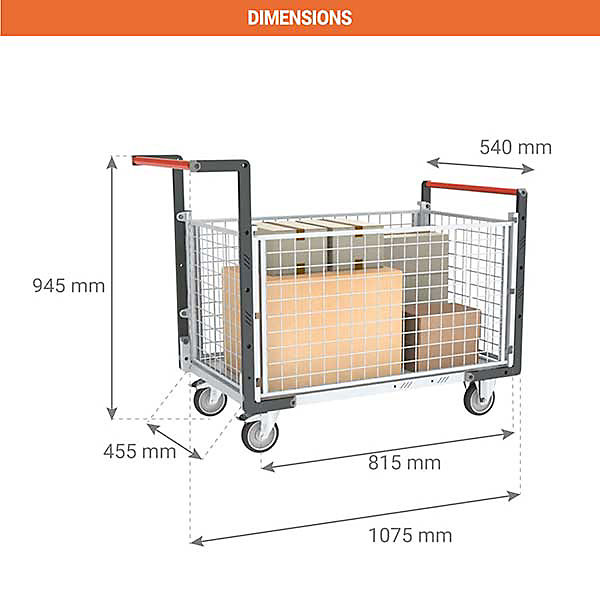 Chariot modulaire grillagé 4 côtés - 2 dossiers et 2 ridelles - Plateau 815x455mm - Charge max 250kg - 806724145