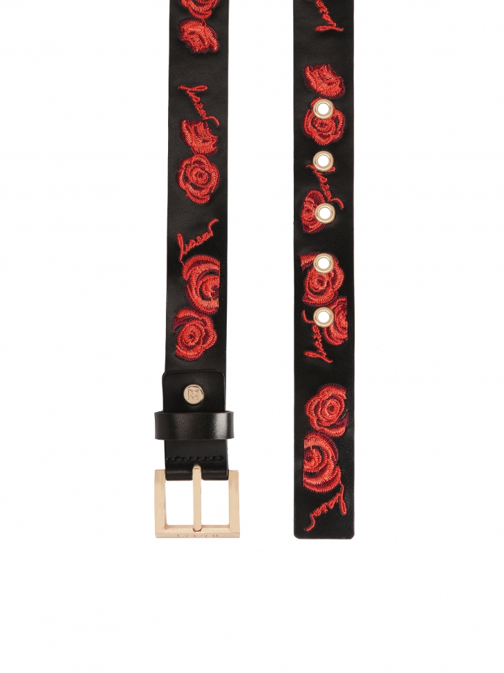 Black leather belt embroidered with red roses