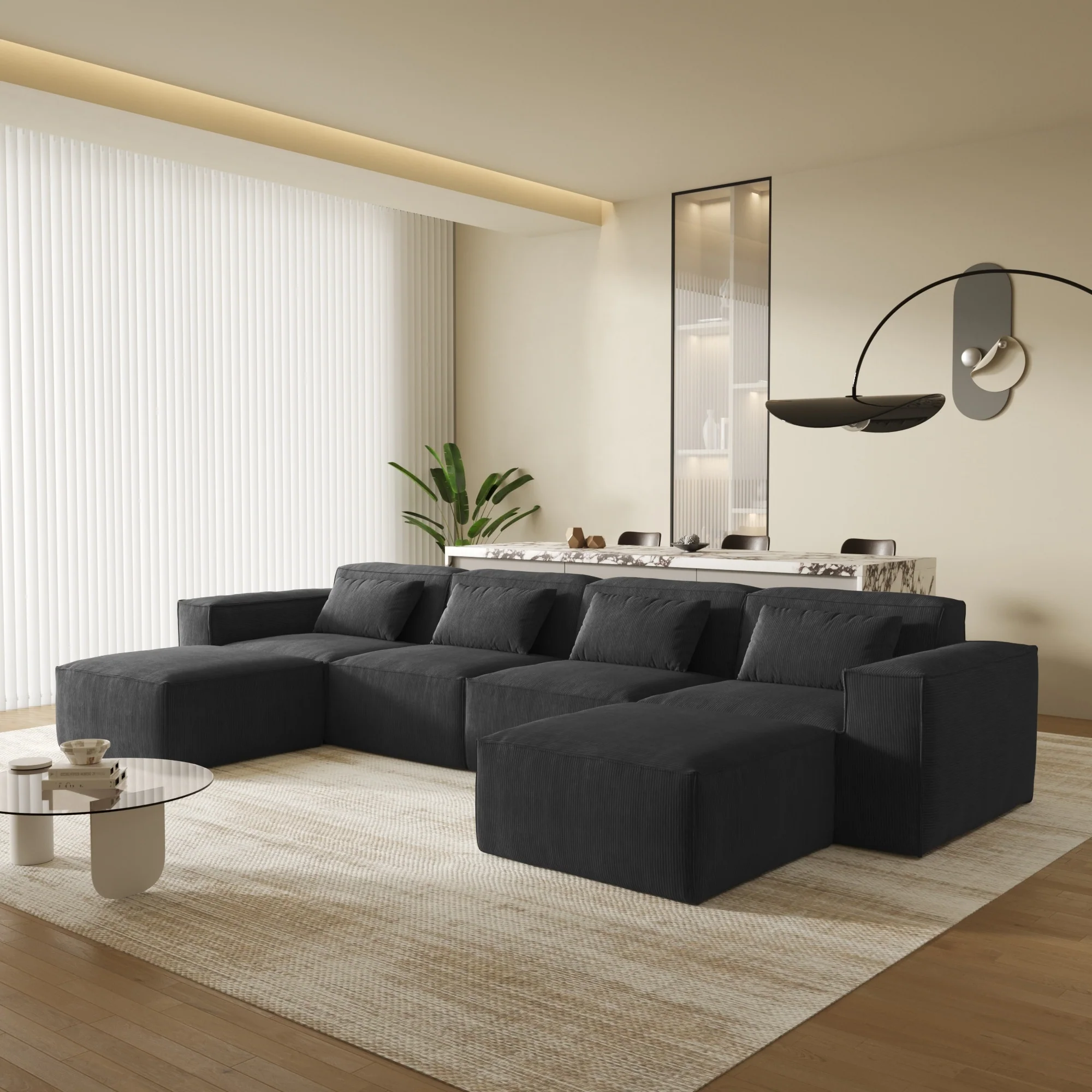 149'' Corduroy U-Shaped 6-Piece Sectional Sofa Couch with Ottoman for Living Room Set