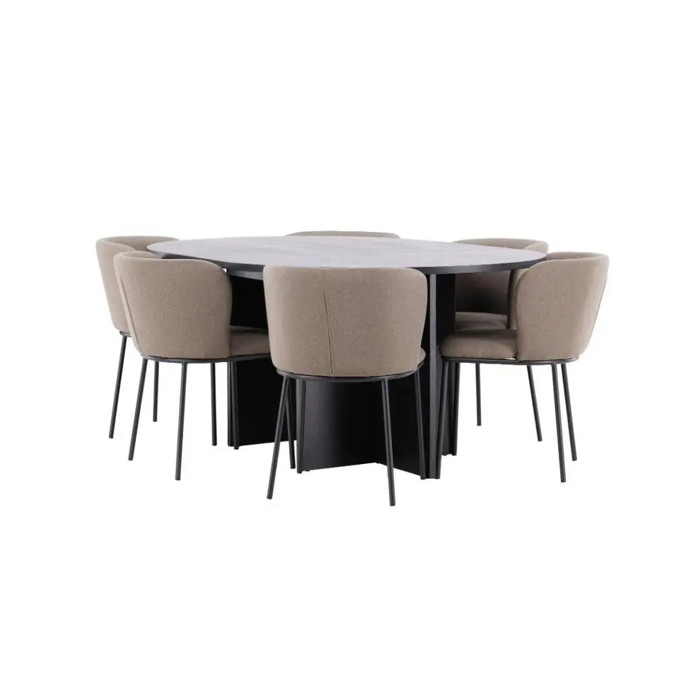 Hioshop Strada eethoek uittrekbare tafel &Oslash;120cm- 170cm en 6 stoelen zwart-