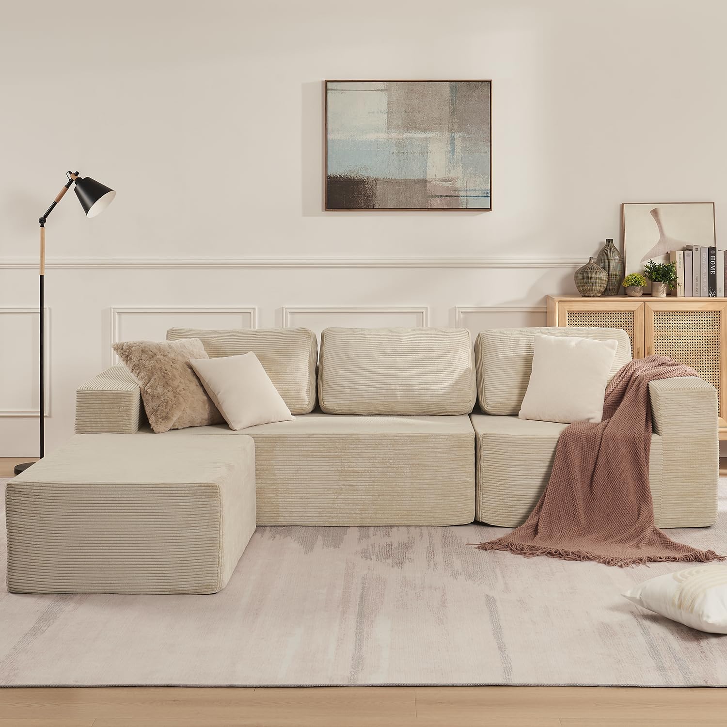 Furnify 106 Cloud Sectional Couch, Left/Right Facing Convertible Sofa with Deep Seat, L-Shape Modular Upholstered Foam Couch for Living Room Bedroom, No Assembly Required (Corduroy Fabric, Beige)