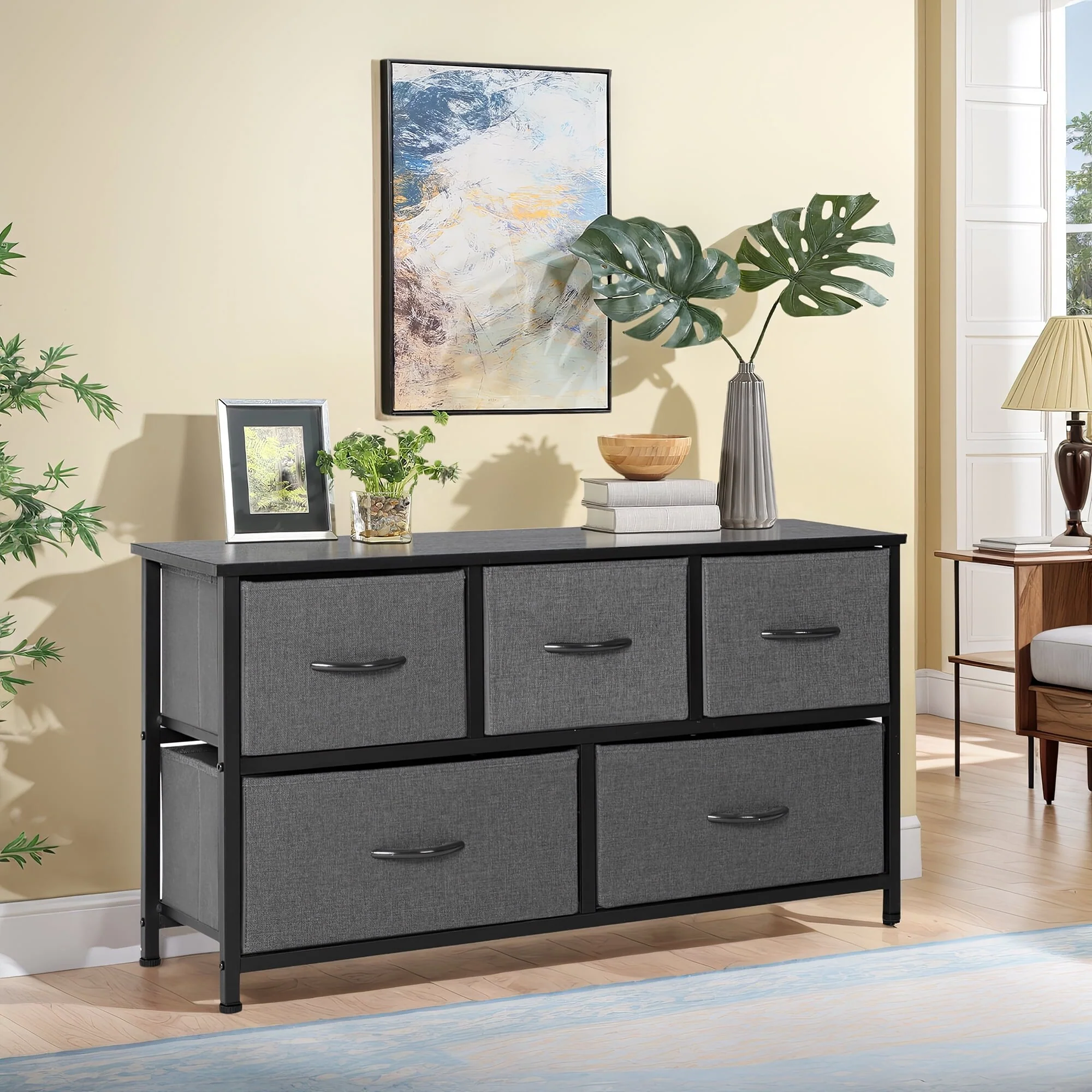 Wide Fabric Dresser for Storage with 5 Drawers, Dark Grey