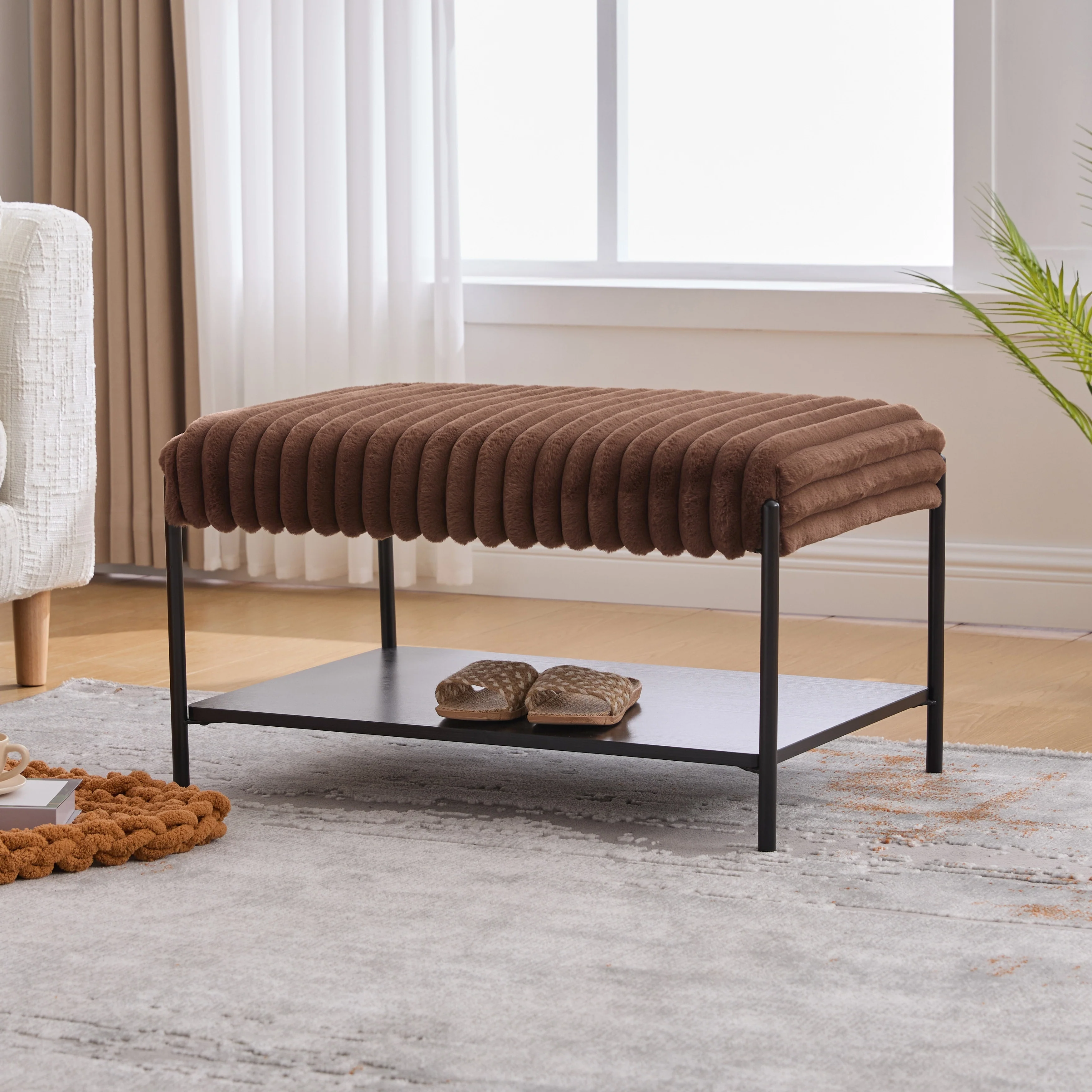 30.7W Modern Ottoman Coffee Table,Upholstered Bench Footrest with Wood Storage Shelf