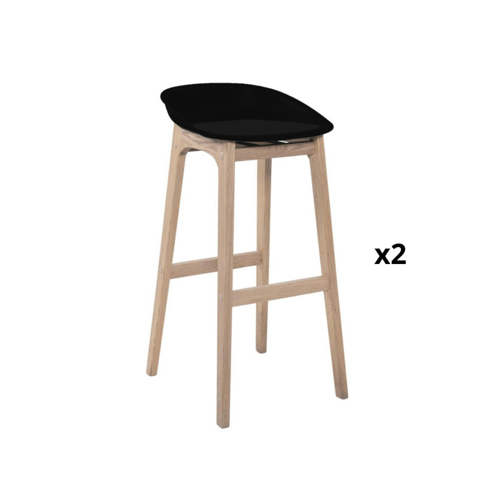 RIVA - Tabourets d'ilot 75cm  pieds chêne assise plastique noire - Lot de 2