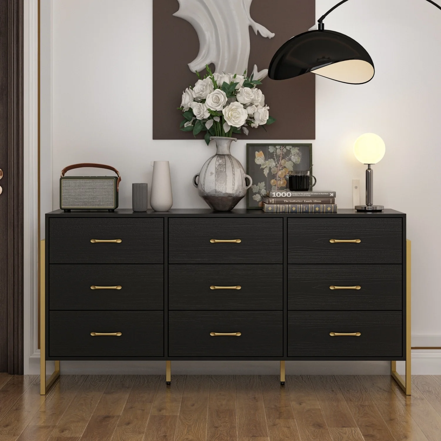 Elegant 9-Drawer Dresser with Gold Accents - Black Stripe Finish Chest