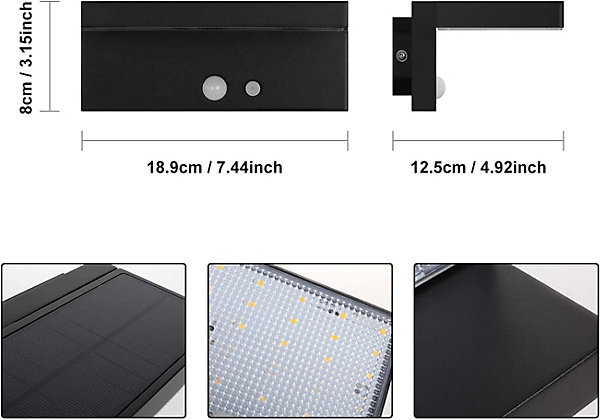 Lampe LED Solaire Extérieur avec Détecteur de Mouvement 3 Modes étanche, Aluminium, Noir Classe énergétique G