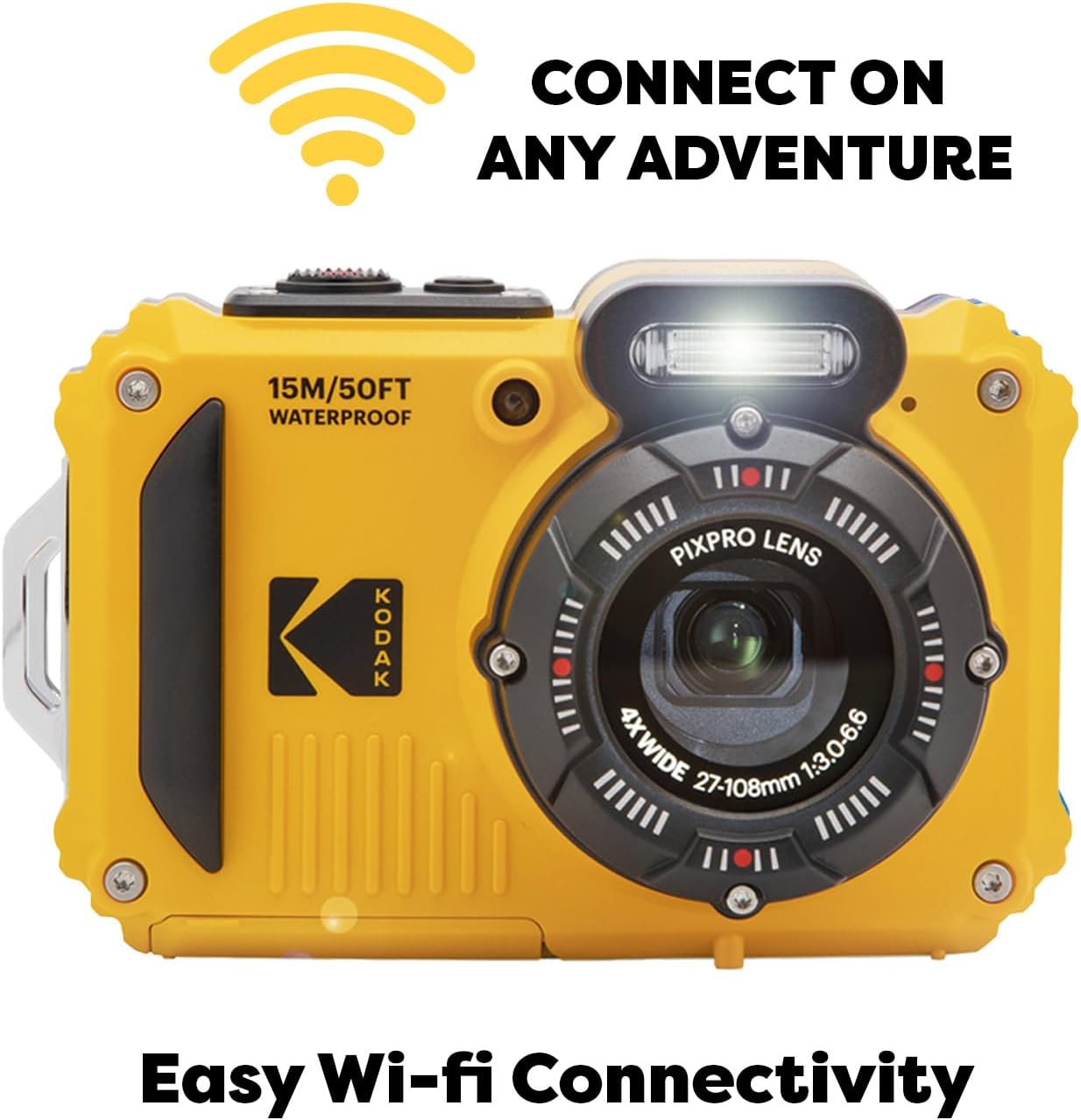 Kodak PIXPRO WPZ2 Rugged Waterproof Shockproof Digital Camera 16MP 4X Optical Zoom 1080P Full HD Video  2.7 LCD (Yellow)  32GB SD Card  Black Compact Case  Floating Strap  Bundle (7 Items)