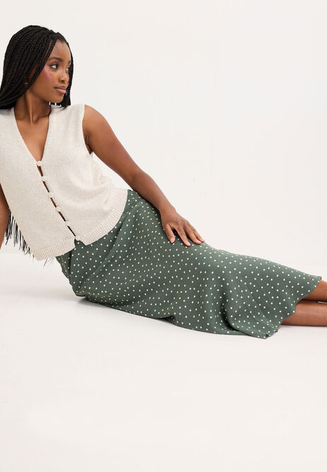 Womens Khaki Polka Dot Midi Skirt