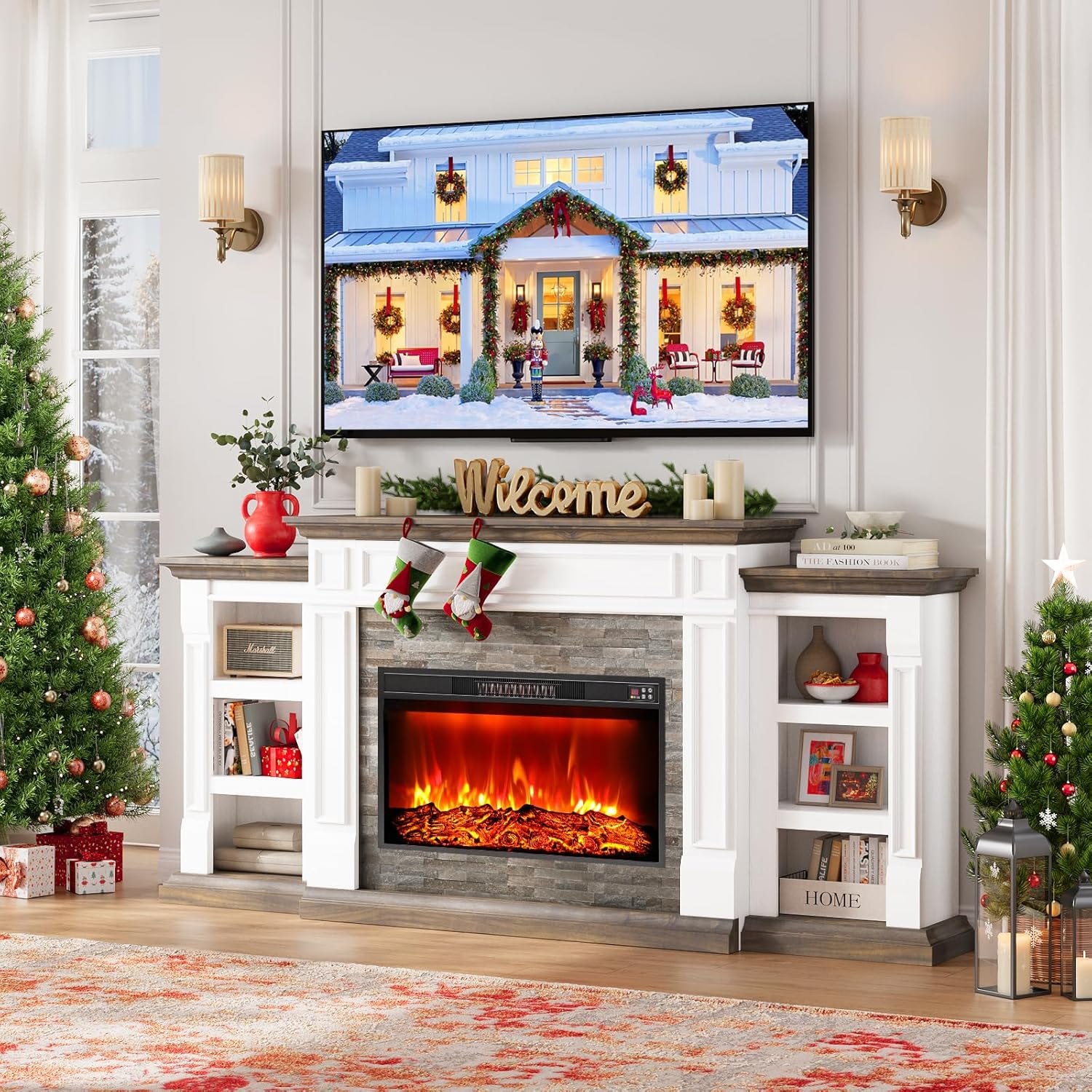 Naice 80 Electric Fireplace with Mantel and Cabinets, Fireplace TV Stand for Living Room Bedroom, Stacked Stone Surround and Remote Control 3D Realistic Flame, White&Brown