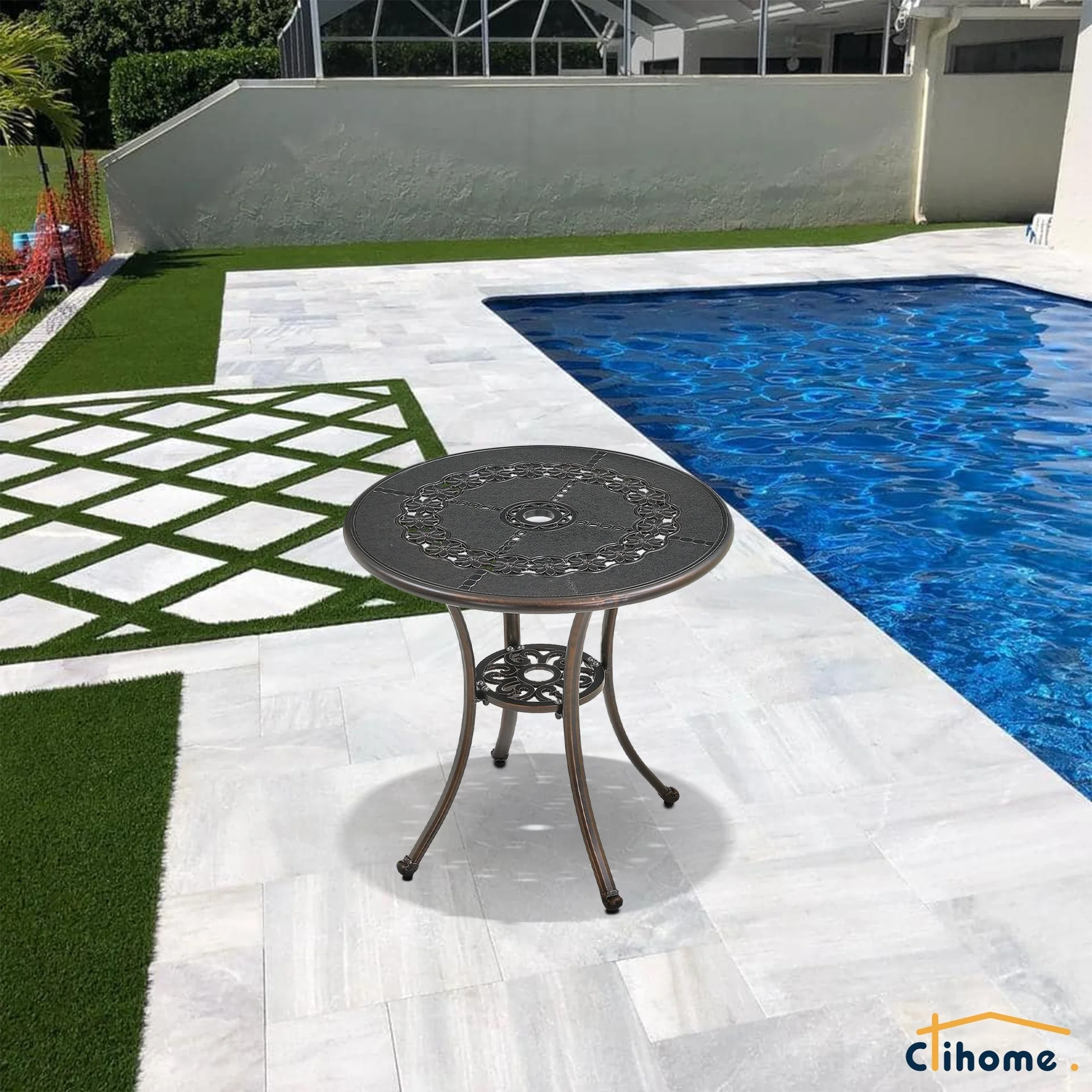 Clihome Cast Aluminum Patio Terrace Dining Table with Umbrella Hole