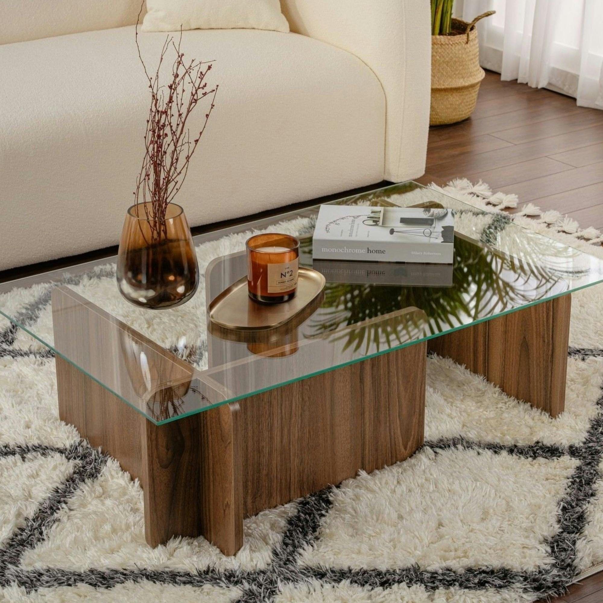 Table basse verre déstructurée – base effet bois noyer SALTA