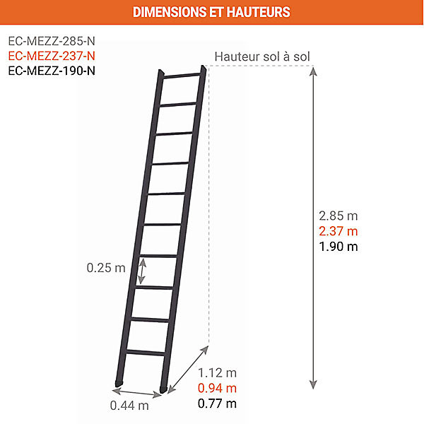 Echelle de meunier Noir - 10 marches - Hauteur à franchir 2,37m - RAL 9005 - EC-MEZZ-237-N
