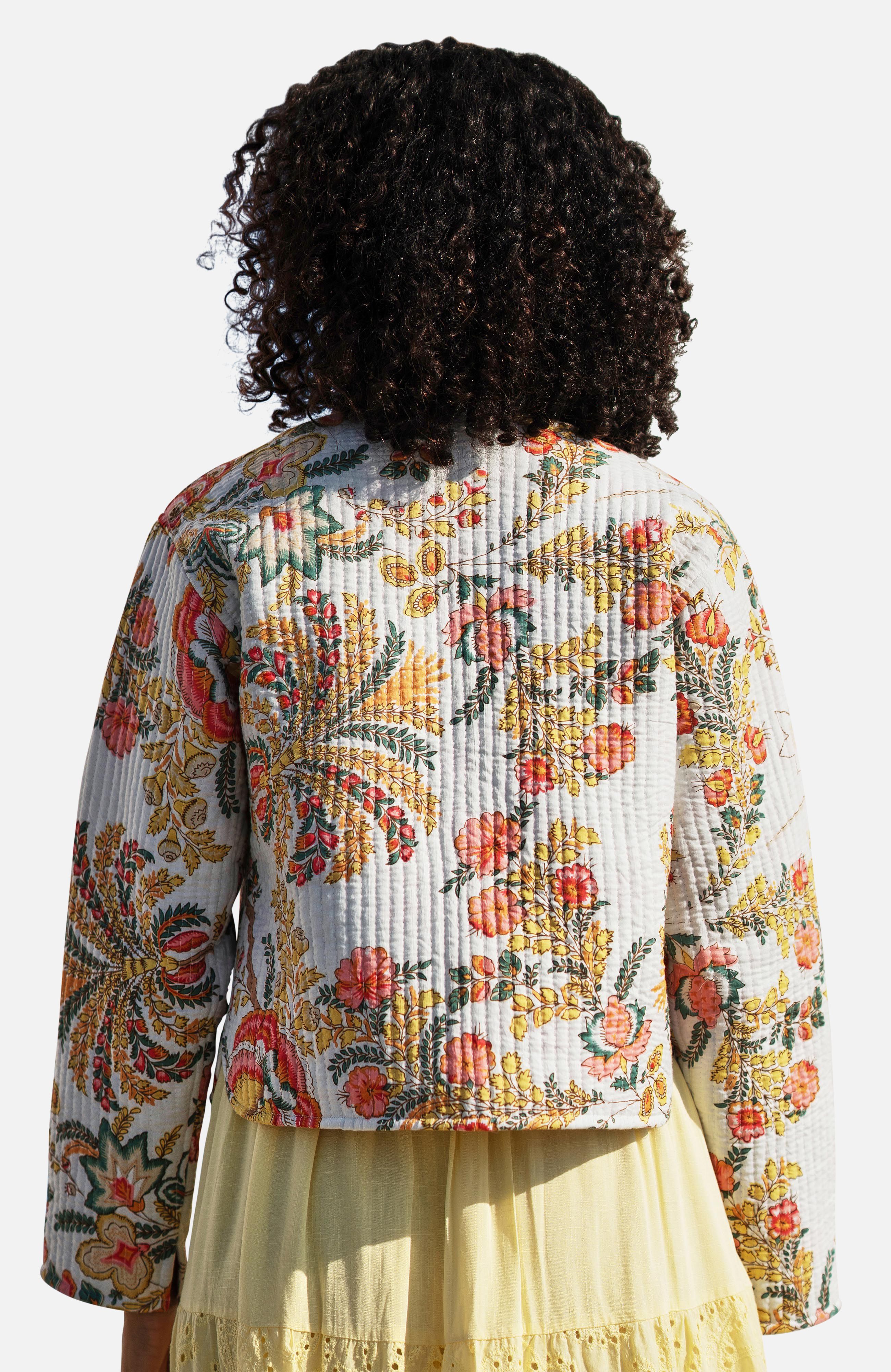 Yumi White Boho Print Cotton Reversible Quilted Jacket