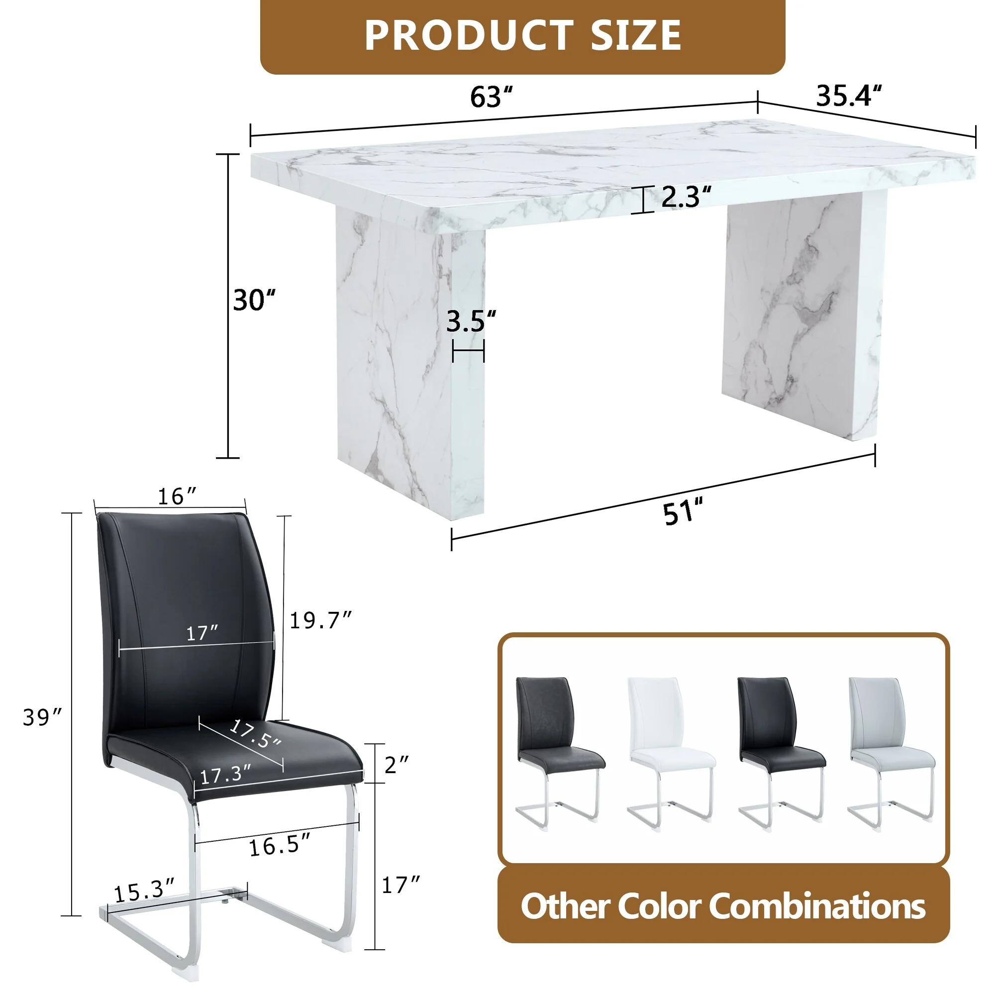 Table and chair set, Imitation Marble Pattern MDF Dining Table Set - 4 Soft and Comfortable PU Chair With Arched Metal Leg