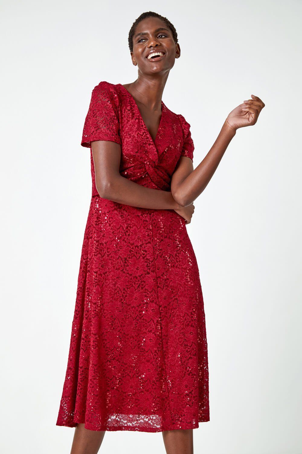 Roman Sequin Lace Twist Front Midi Dress