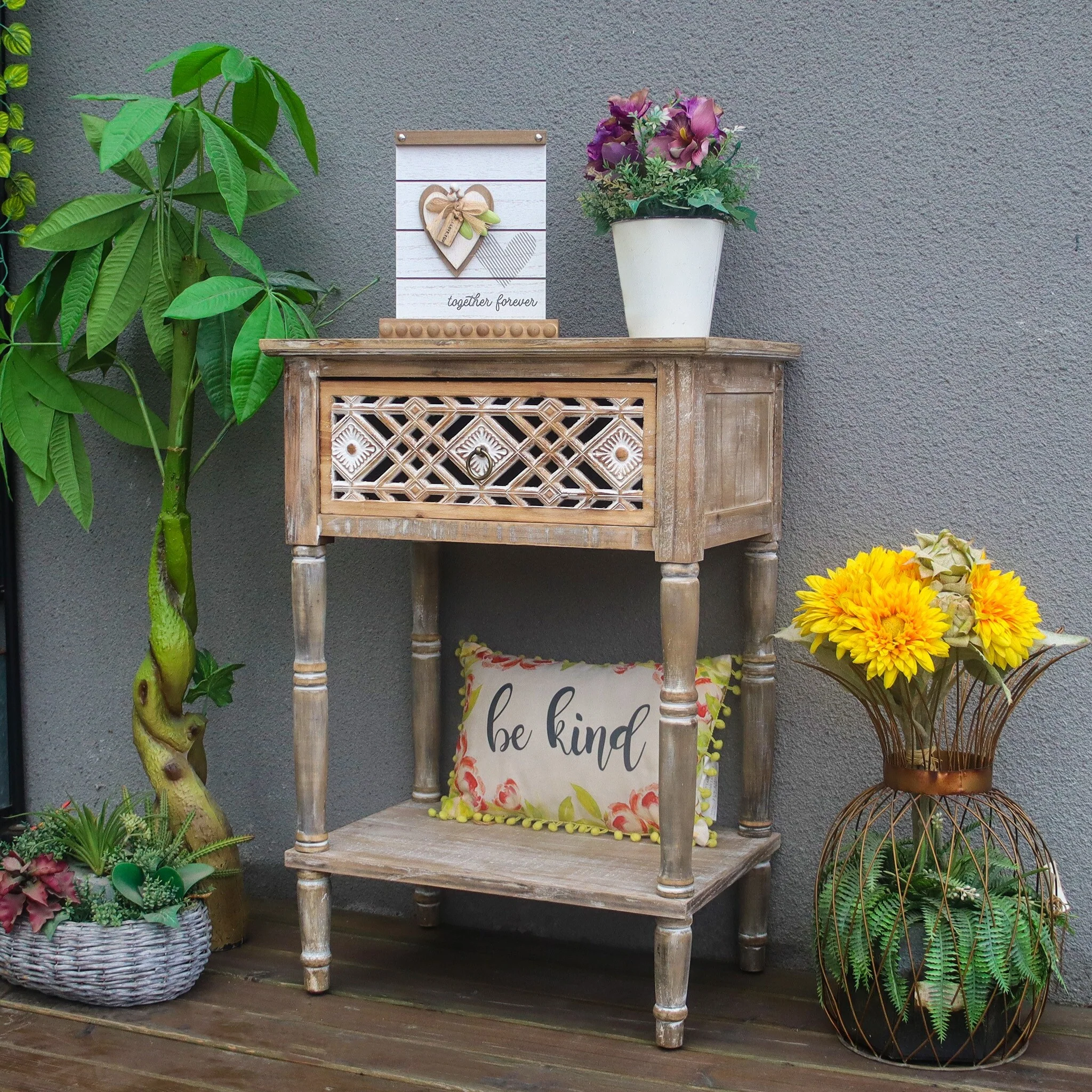 Farmhouse Nightstand with Cutout Carved Drawer and Open Display Shelf, Distressed Accent Table