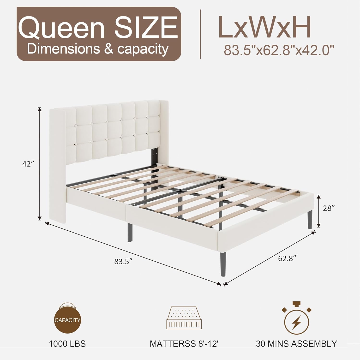 Queen Size Bed Frame with Wingback Headboard, Velvet Upholstered Platform Bed Frame with Button Tufted Headboard, Wooden Slats Support, No Box Spring Needed, Noise Free, Easy Assembly, Beige