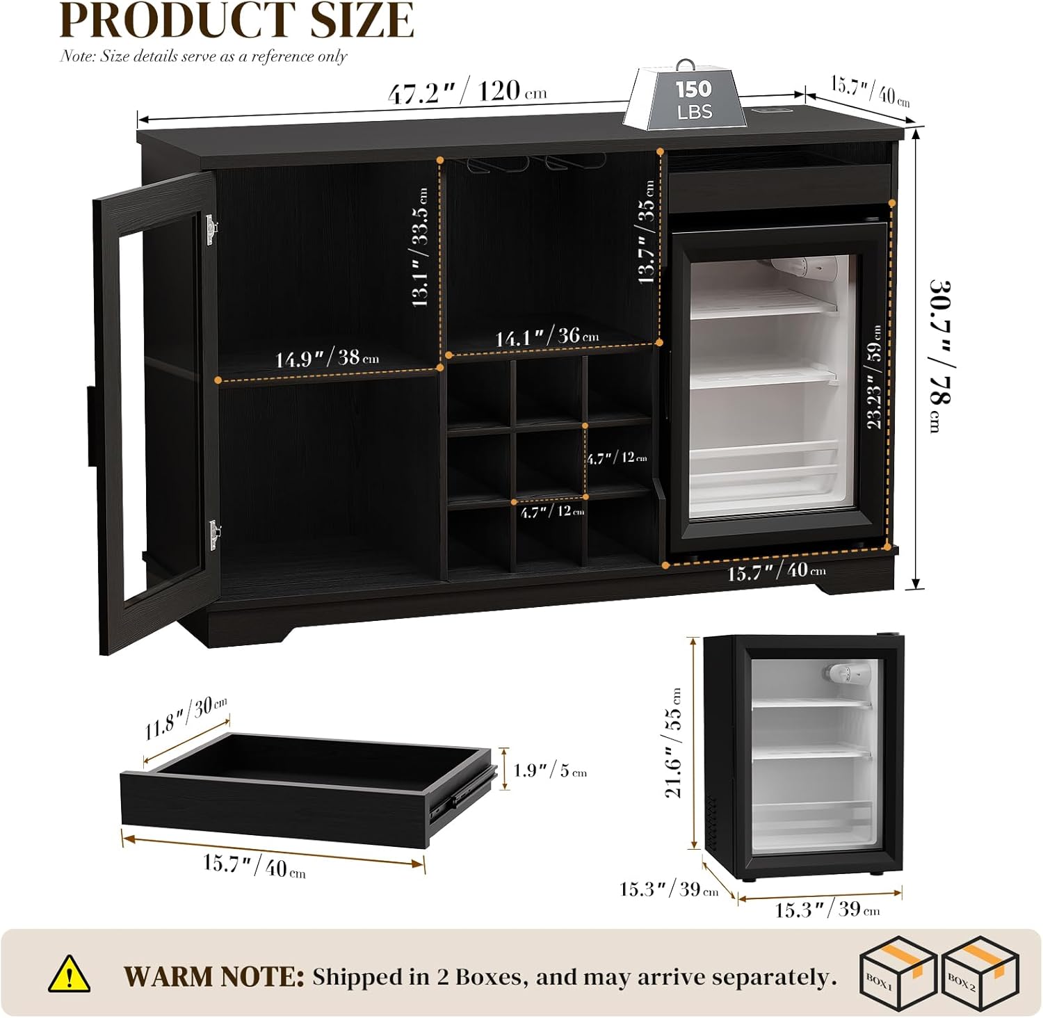 Coffee Bar Cabinet with Fridge (Fridge Included), Large Liquor Bar Cabinet with LED Lights, Glass Holder & Wine Rack, Wine Cabinet with Human Body Sensor, Buffet Sideboard for Home, Black