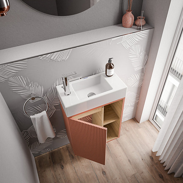 Meuble vasque Abricot mat de salle de bain 55x24x59cm (LxPxH) 1 porte à gauche   2 cases rangement - BELDIVO
