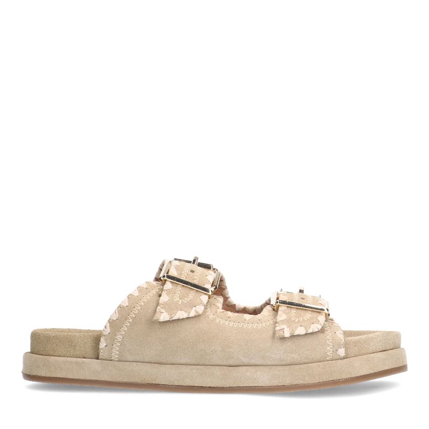Manfield Beige suède slippers met witte details