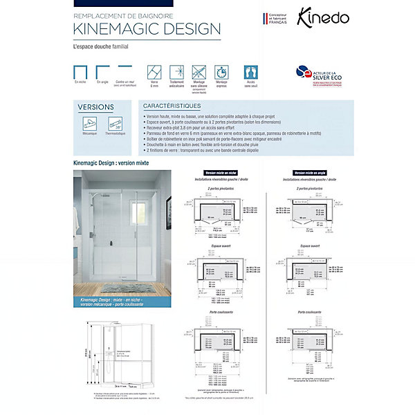 Cabine de douche Kinedo Kinemagic Design 170x80 habillage mixte 1 coulissant verre transparent avec mitigeur