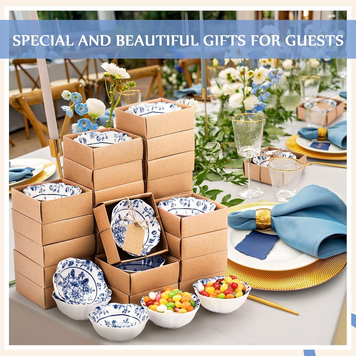 SiliFine 48 Pcs Wedding Favors for Guests Small Ceramic Bowl Bulk Gifts Set 3.3 Inch Floral Design Mini Dipping Sauce Dish with Card Box for Bridal Pooja Baby Shower Birthday (Flower,Blue)