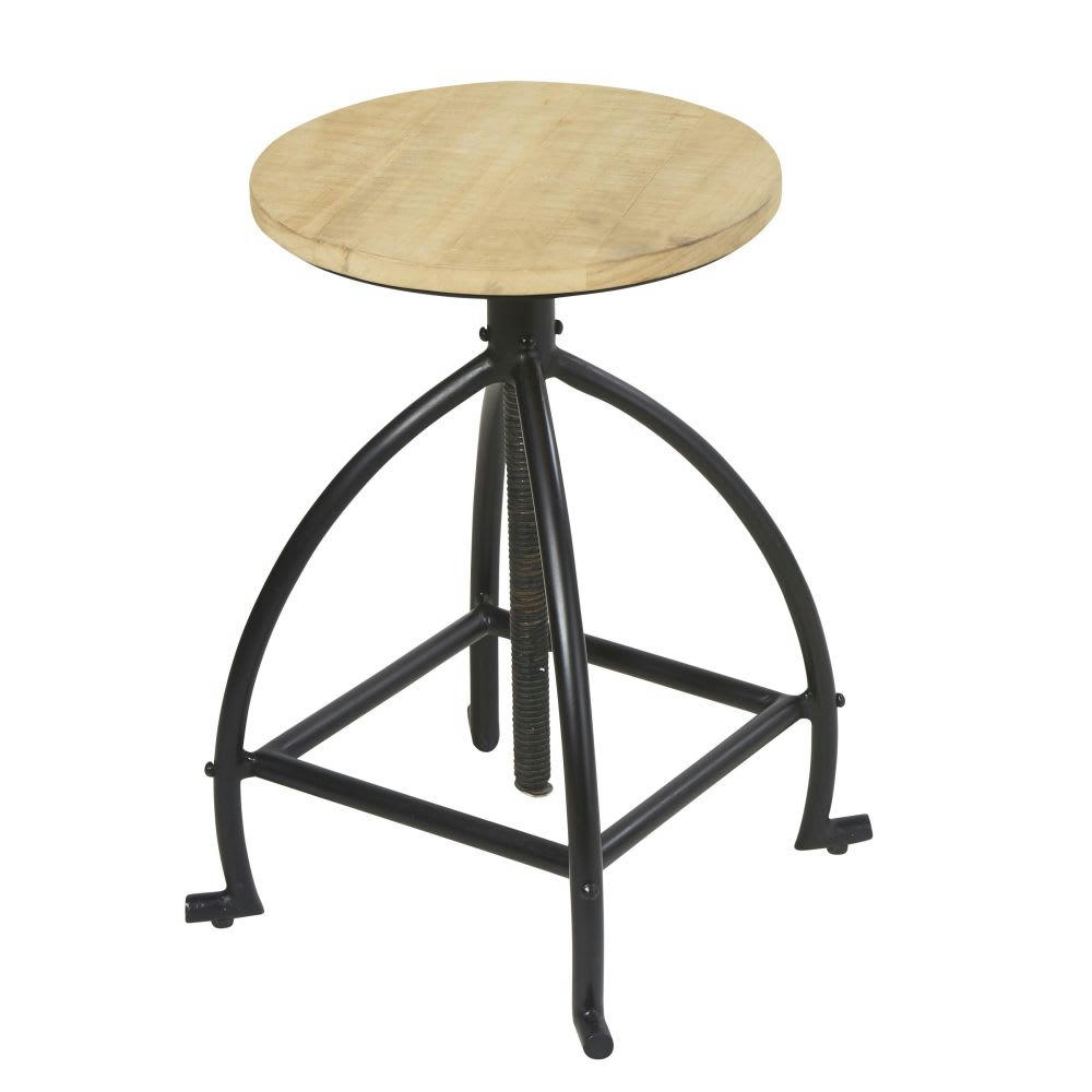 Colombus - Tabouret industriel réglable en métal noir et pin recyclé