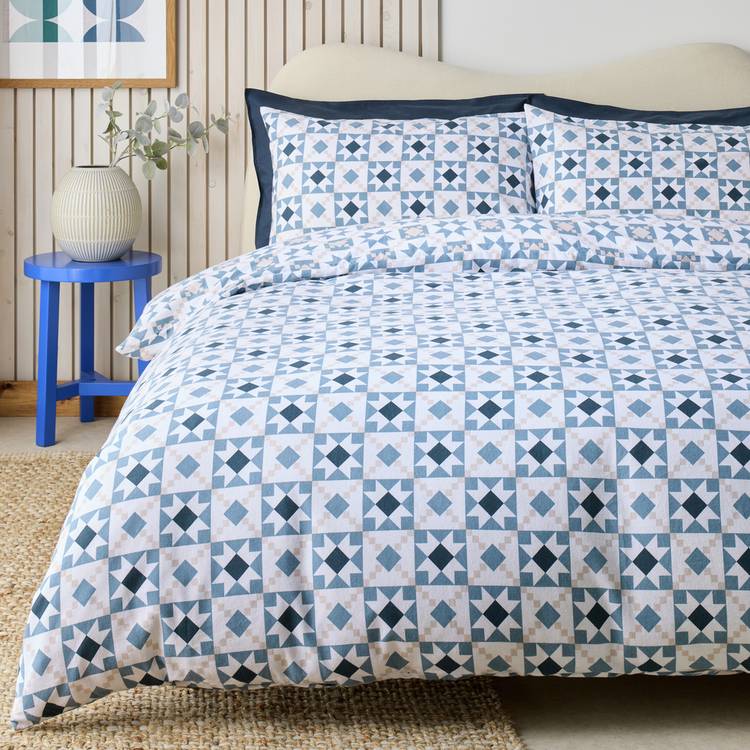 Habitat Brushed Cotton Tile Print Blue Bedding Set - Single