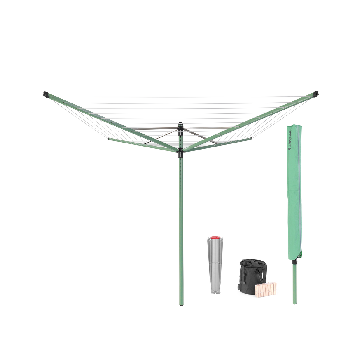 Brabantia Droogmolen Lift-O-Matic, 50 meter met metalen grondanker, doorsnede 45 mm, beschermhoes, wasknijpertasje en wasknijpers - Leaf Green