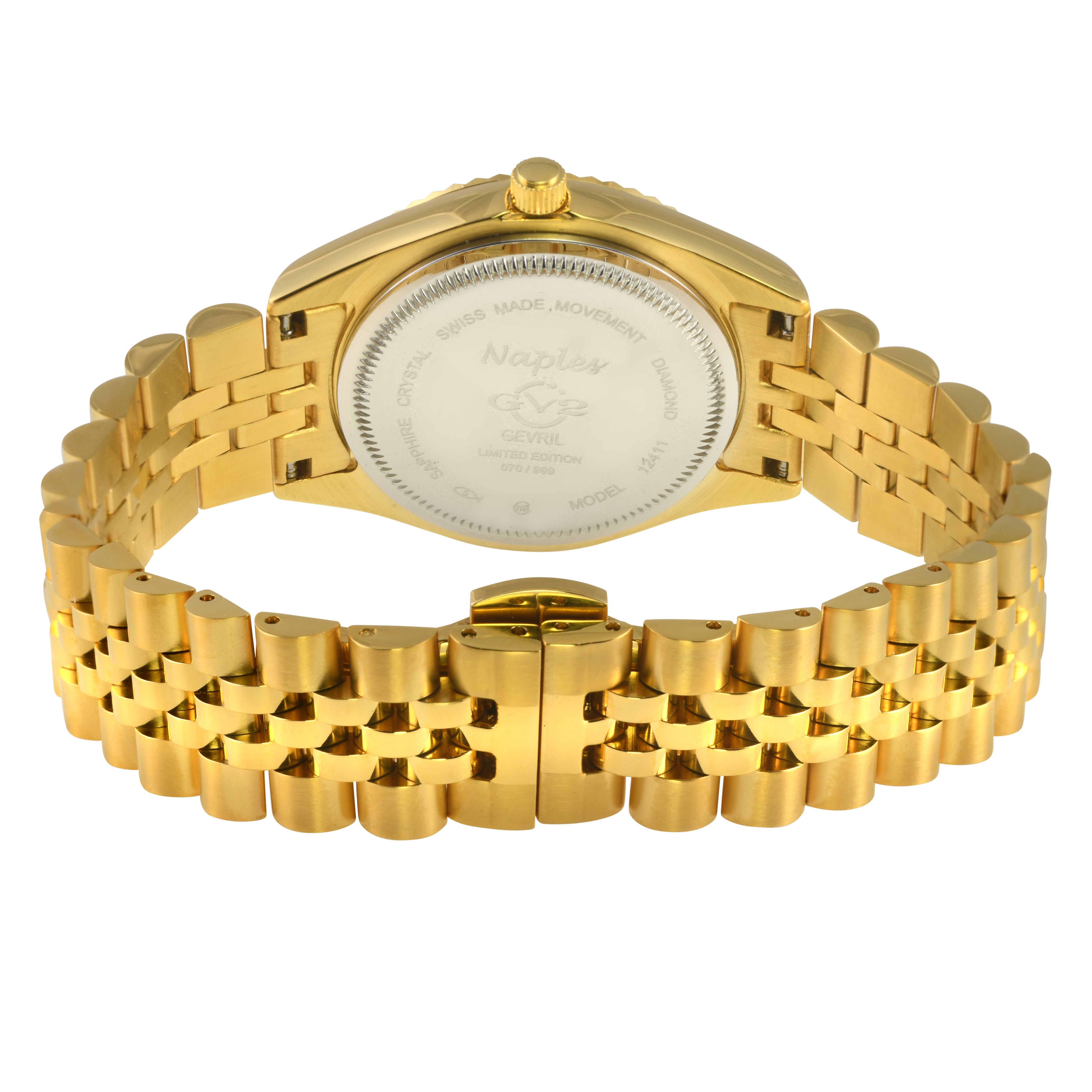 GV2 Naples 18 Diamond-Set Luxury Swiss Quartz IP Yellow Gold Stainless Steel Bracelet Sapphire Crystal, Fluted Bezel 32.5 MM Red Dial Watch