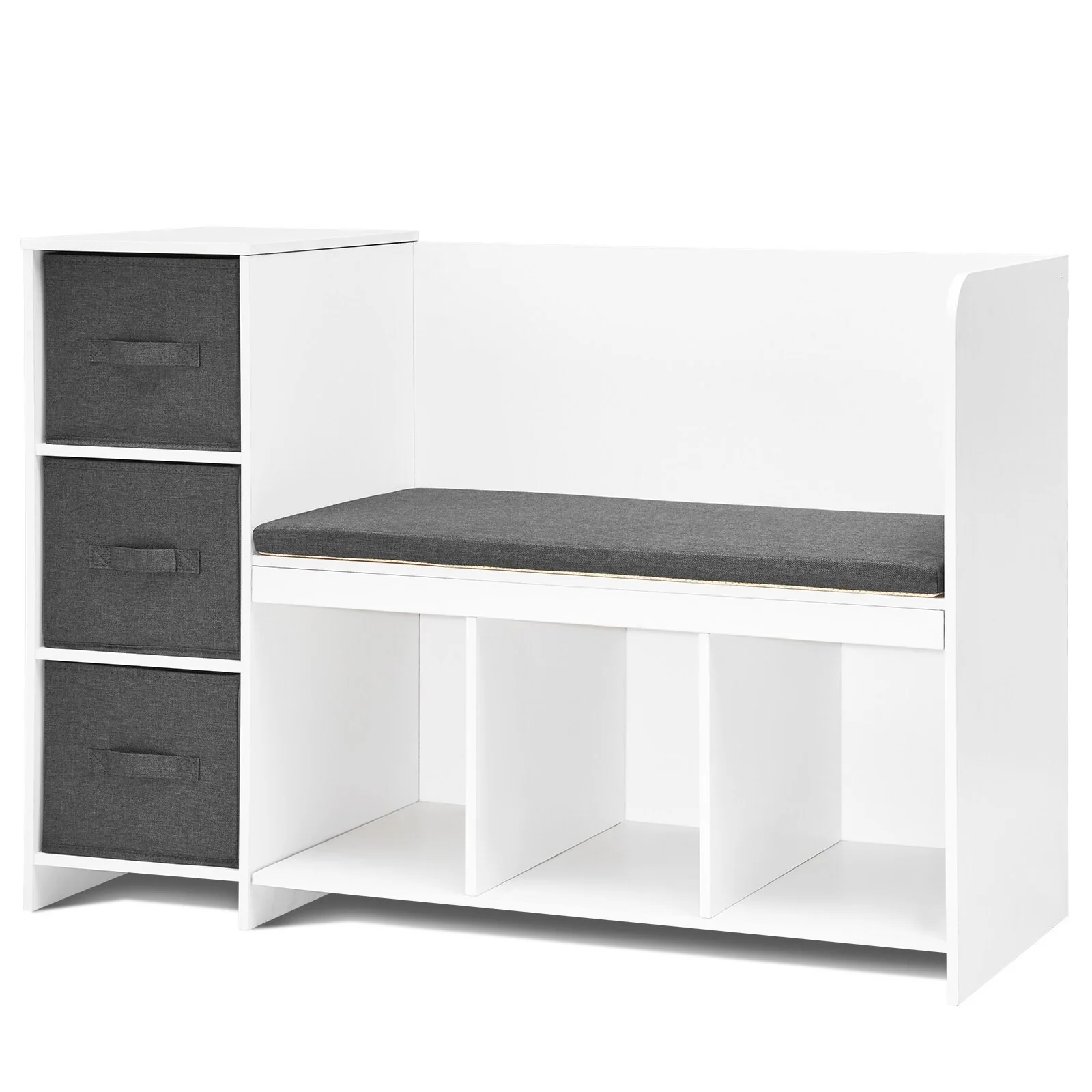 White 6 Cubby Storage Organizer Kids Reading Nook Bench with Detachable Seat Cushion and 3 Drawers - 43.11” x 15.87” x 29.92”
