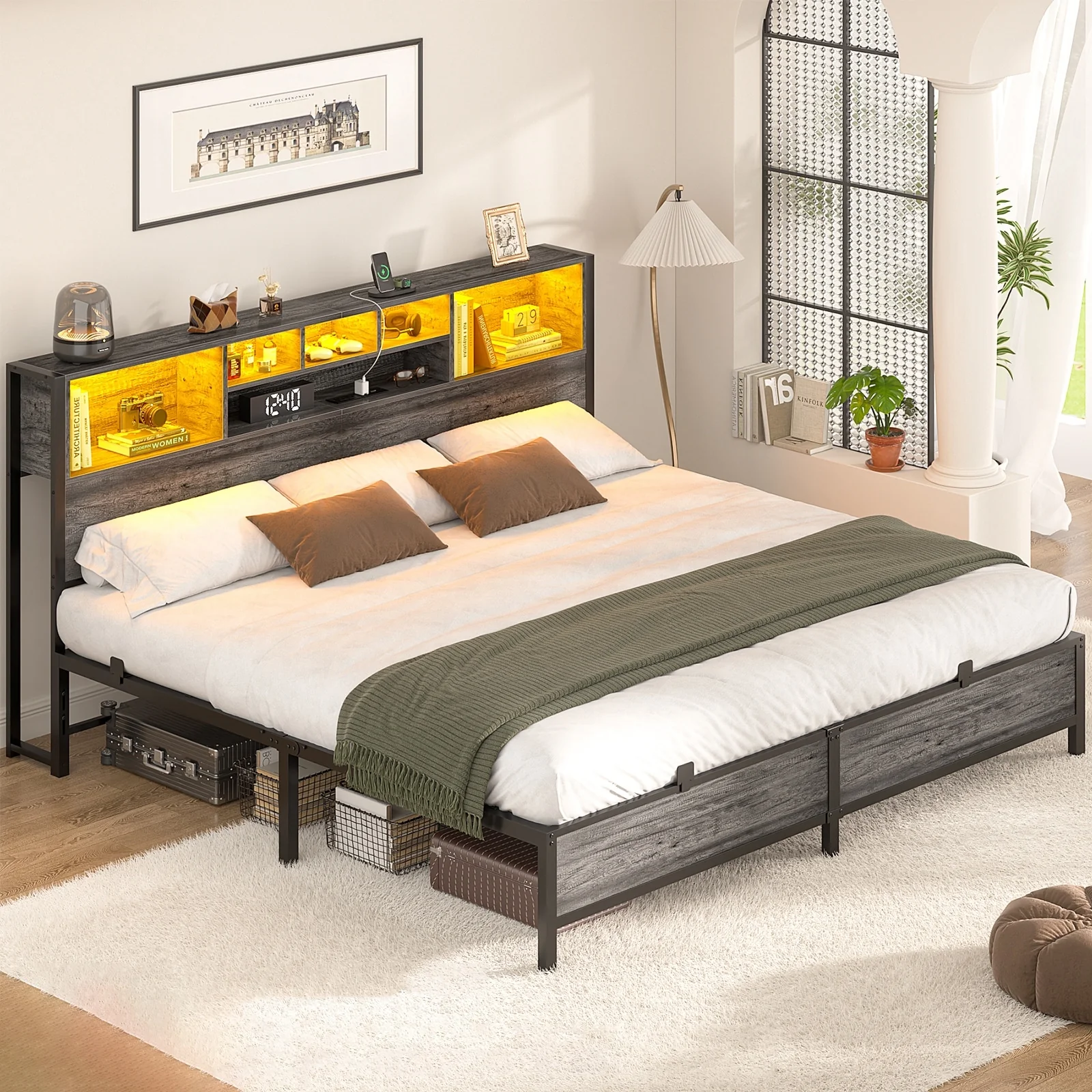Bed Frame with Bookcase Headboard, Metal Platform Bed Frame with Charging Station and LED Light