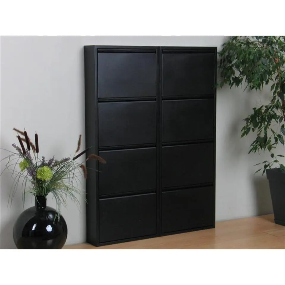 Hioshop Pisa schoenenkast zwart metaal met 4 vakken - set van 2