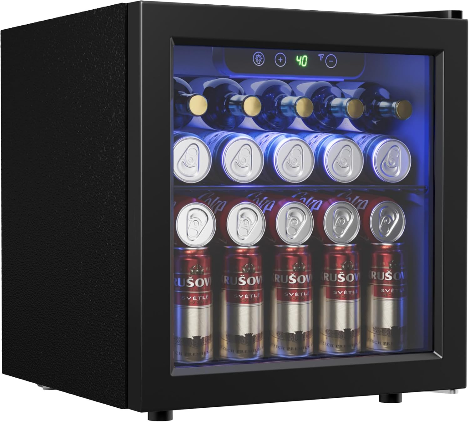 Icyglee 48 Can Beverage Refrigerator Cooler, Mini Fridge Glass Door with Adjustable Shelves, Freestanding Beverage Fridge with Blue LED for Home/Office/Dorm/Bar, 1.3 Cu.ft