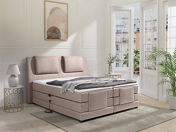 Ensemble complet boxspring tête de lit   sommiers relaxation électrique   matelas   surmatelas - 2 x 80 x 200 cm - Tissu - Beige