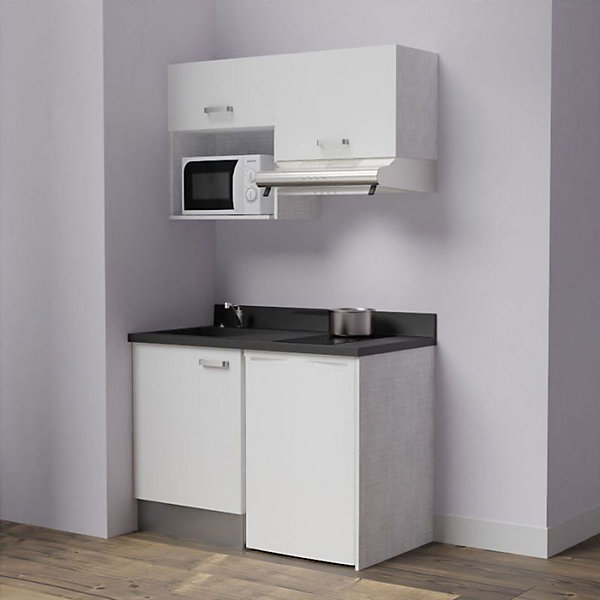 Kitchenette K02 - 120 cm - façades Blanc - Plan monobloc en quartz coloris Nero évier à gauche