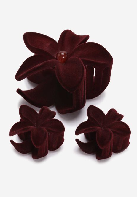 Womens 3pk Burgundy Velvet Flower Hair Clips