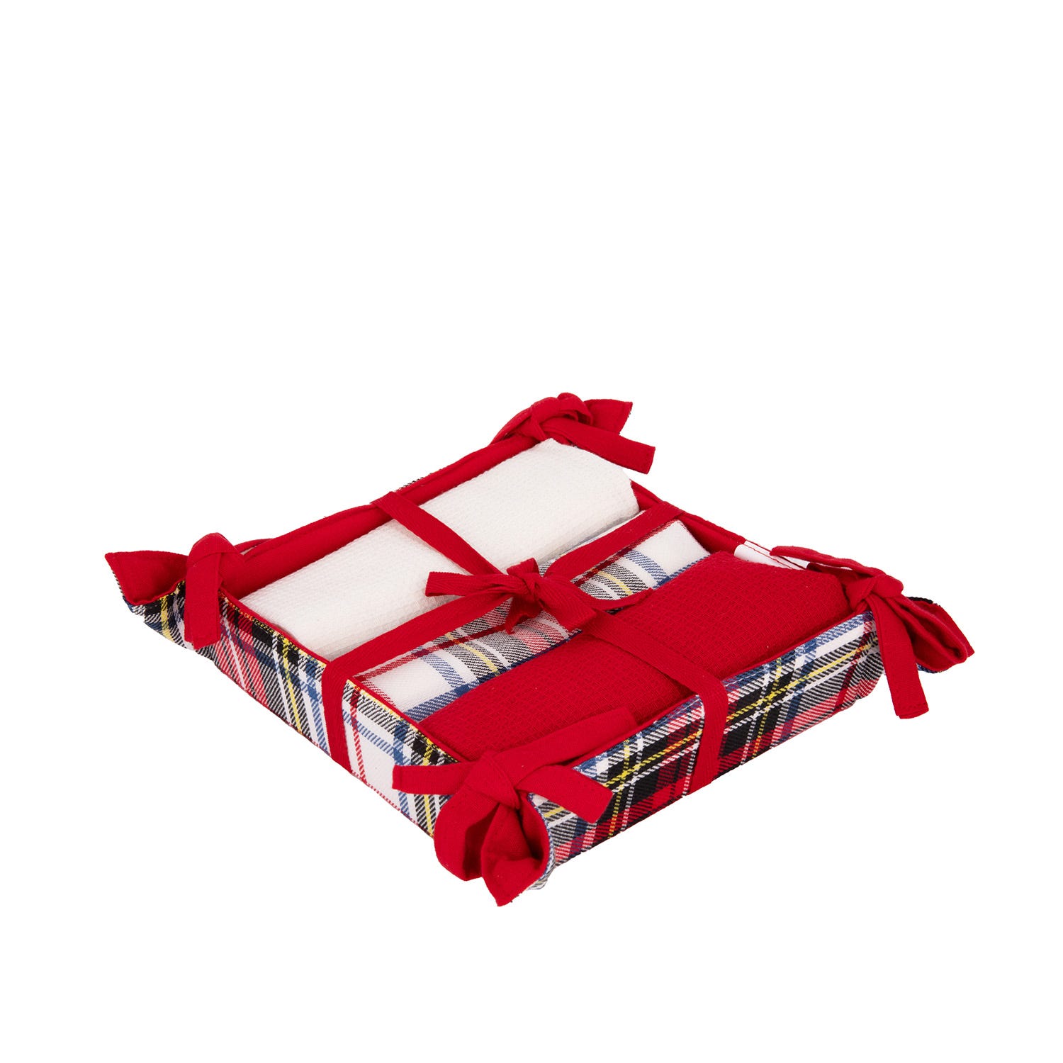Set 3 strofinacci tartan bianco con cestino