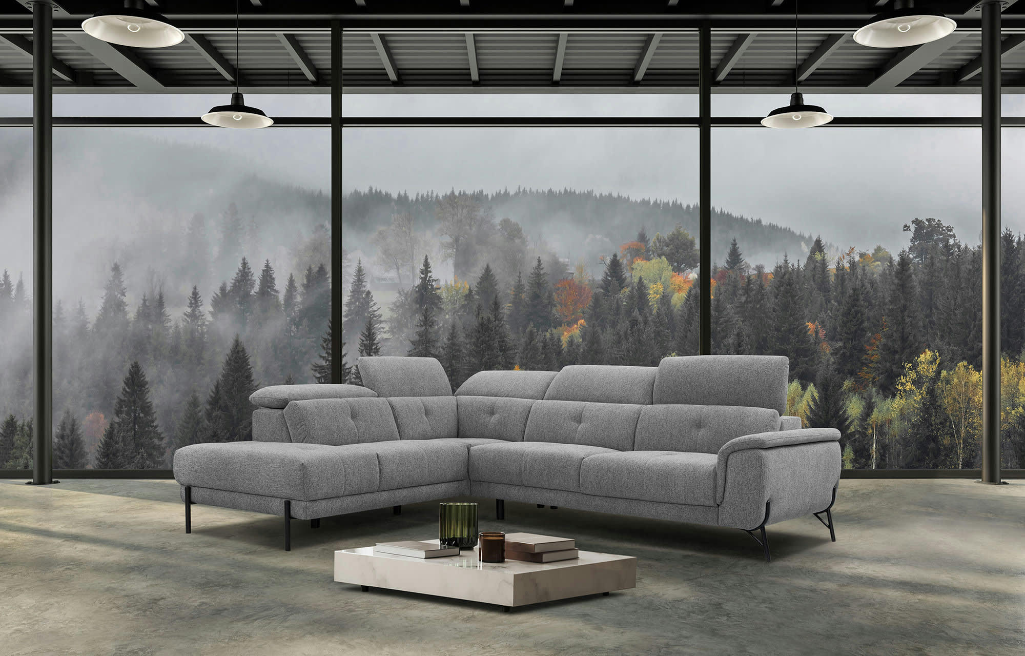 AVENA - Canapé d'angle gauche  5 places en tissu gris