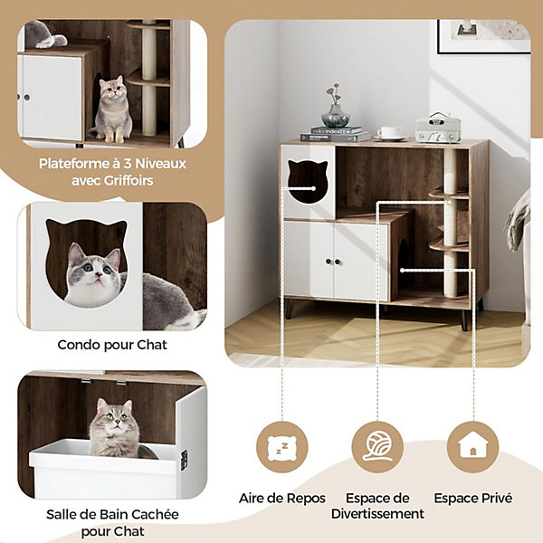 Meuble Litiere Chat avec Arbre a Chats, 100 x 50 x 90CM, Cache Litiere Chat avec Poteau à Gratter en Sisal, Condo