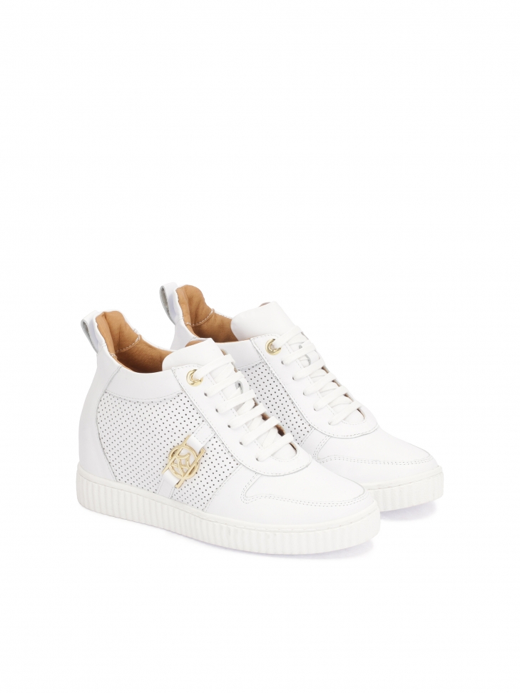 Leather white sneakers with perforation and hidden anchor