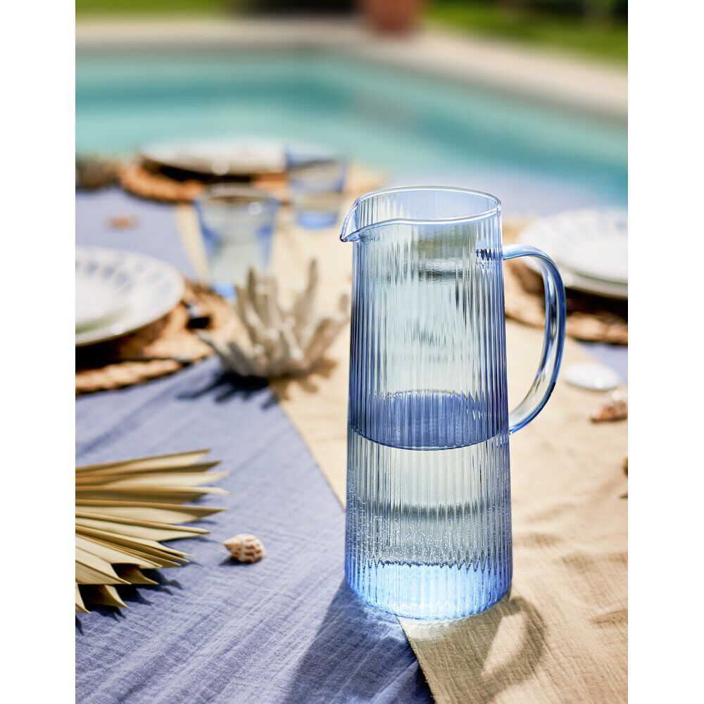 Carafe en verre nervurée bleue 14x10xH24cm