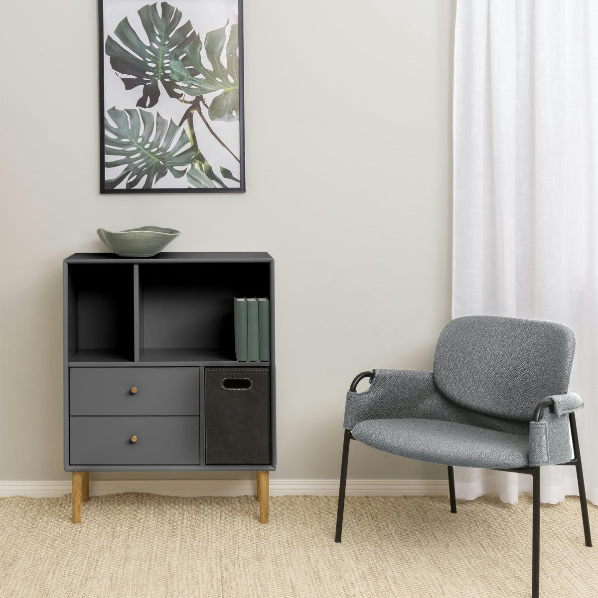 SONA - Fauteuil lounge moderne en tissu et métal gris ciment