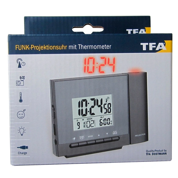 Funk-Projectionswecker, Breite: 12,6 cm, Tiefe: 5,3 cm, schwarz