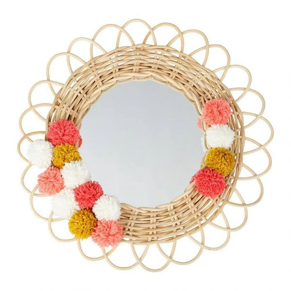 - Miroir rond rotin pompons naturel D37cm