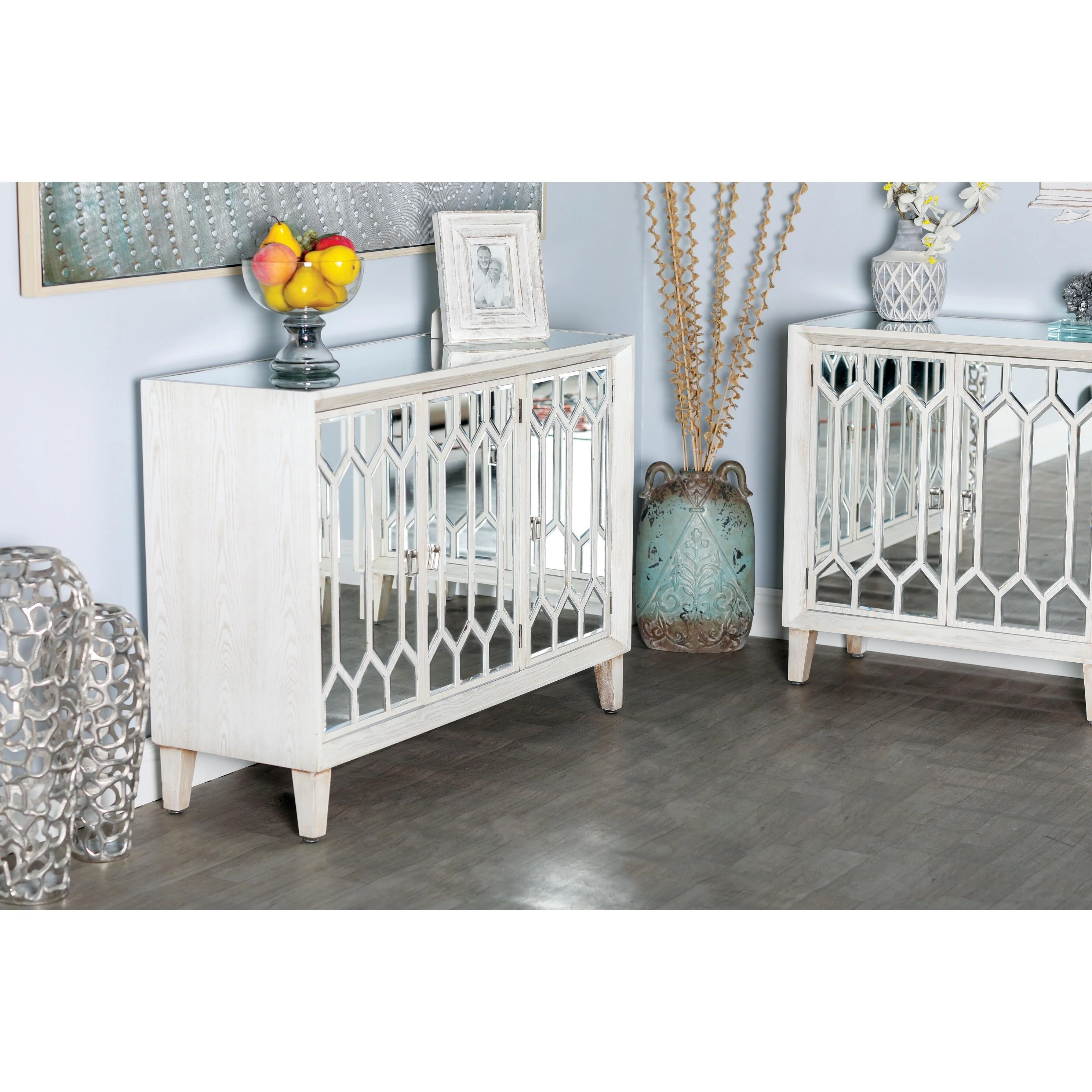 Wooden Geometric Mirrored 1 Shelf and 3 Doors Room Cabinet - White - Roche River Decor