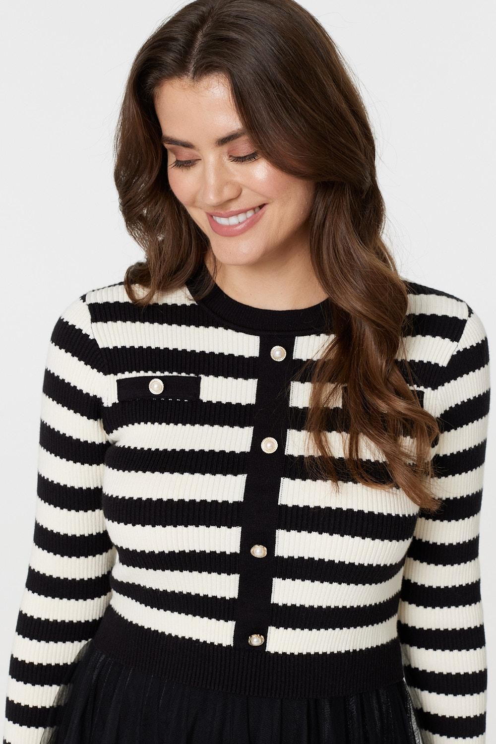 Izabel London 2-In-1 Dress With Striped Top & Midi Mesh Skirt