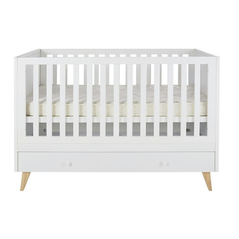 Lila - Lit bébé évolutif à barreaux en pin et hêtre blanc mat L146